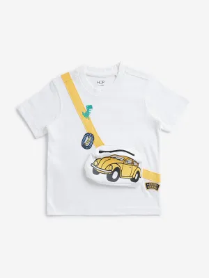 HOP Kids White Car Printed Cotton T-Shirt