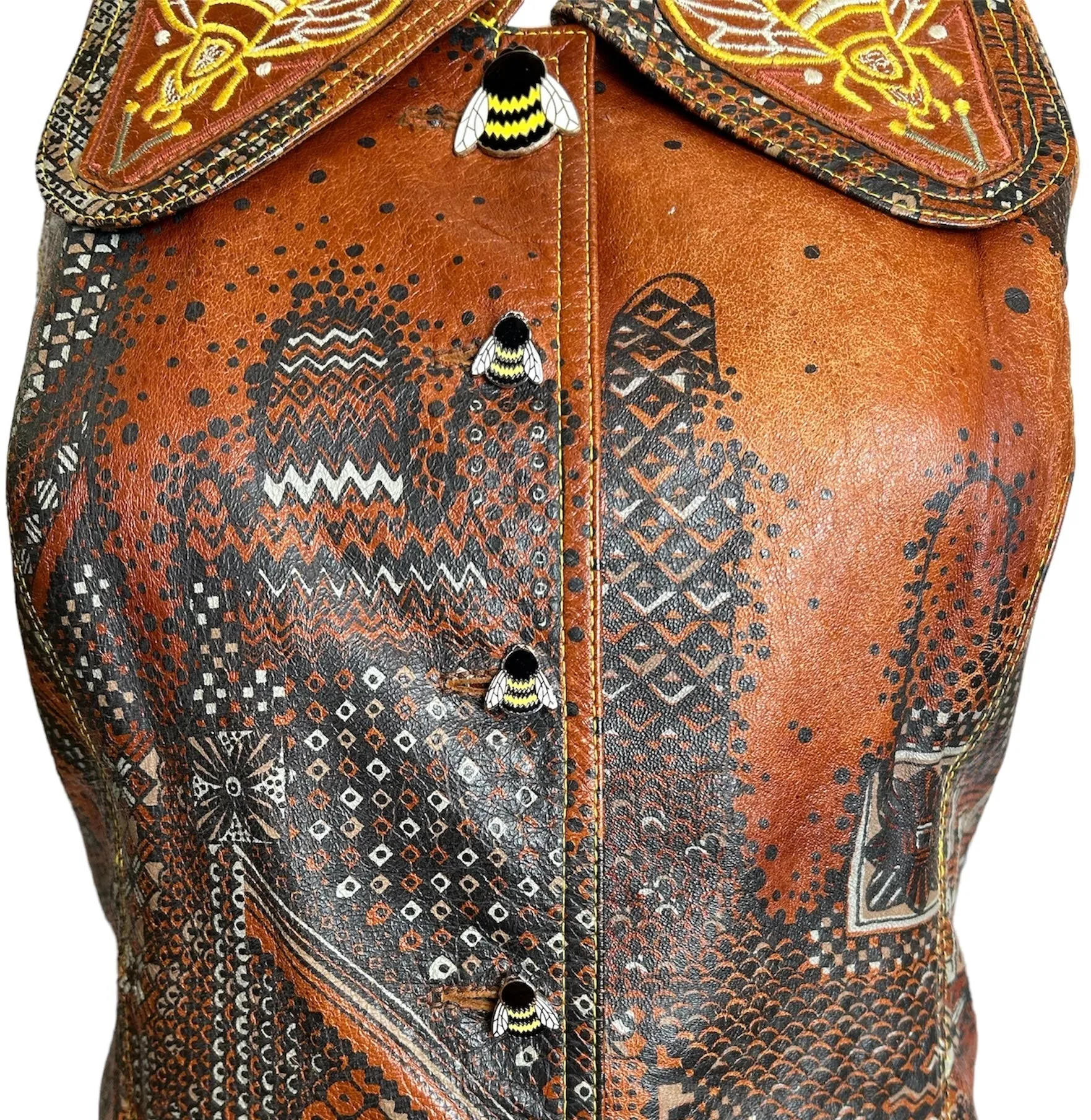 INCREDIBLE Bill Gibb A/W 1972 Leather Stenciled Vest with Bee Motif