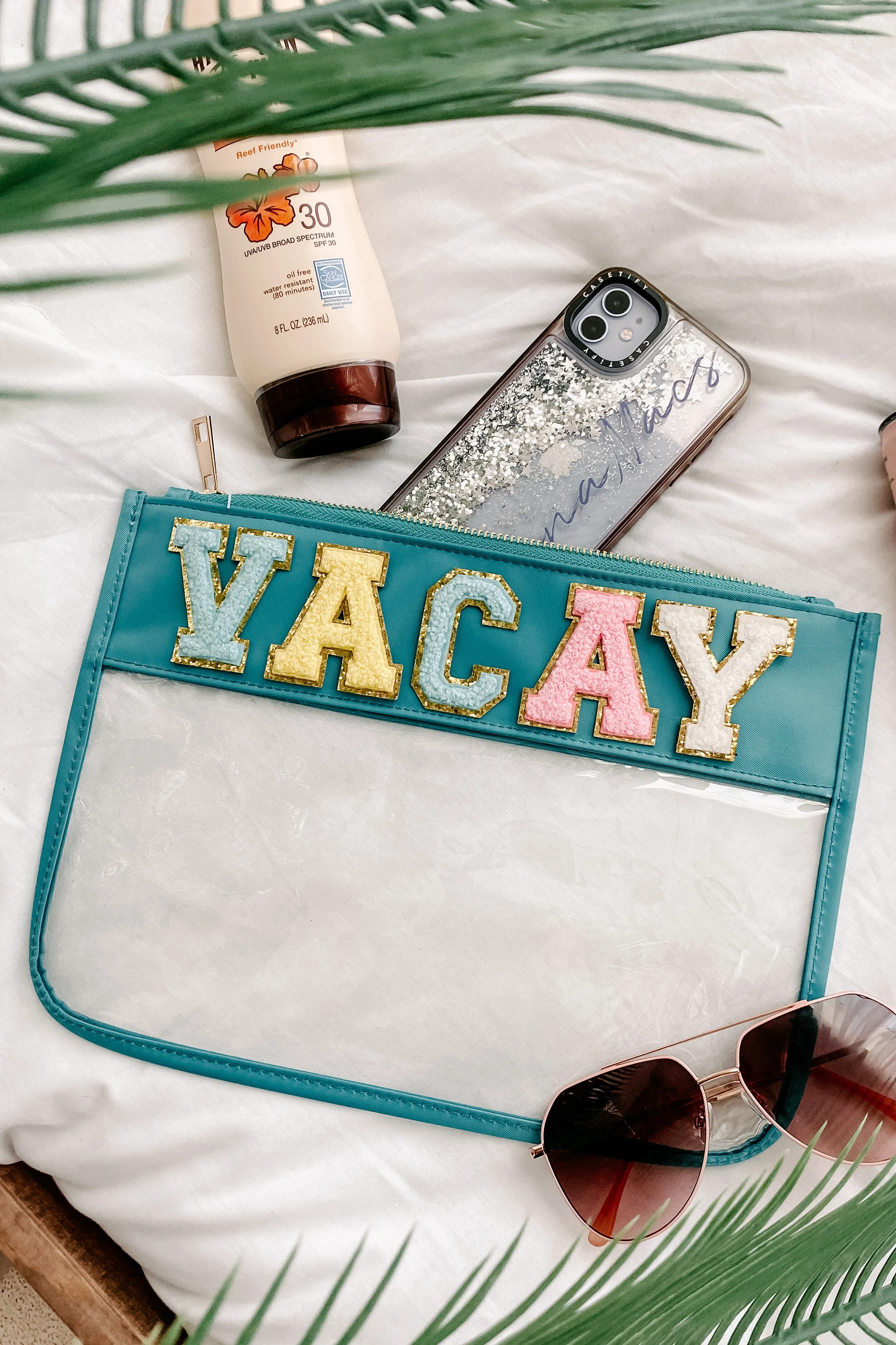 Keep It Contained Clear Varsity Letter Cosmetic Pouch (Teal/Vacay)