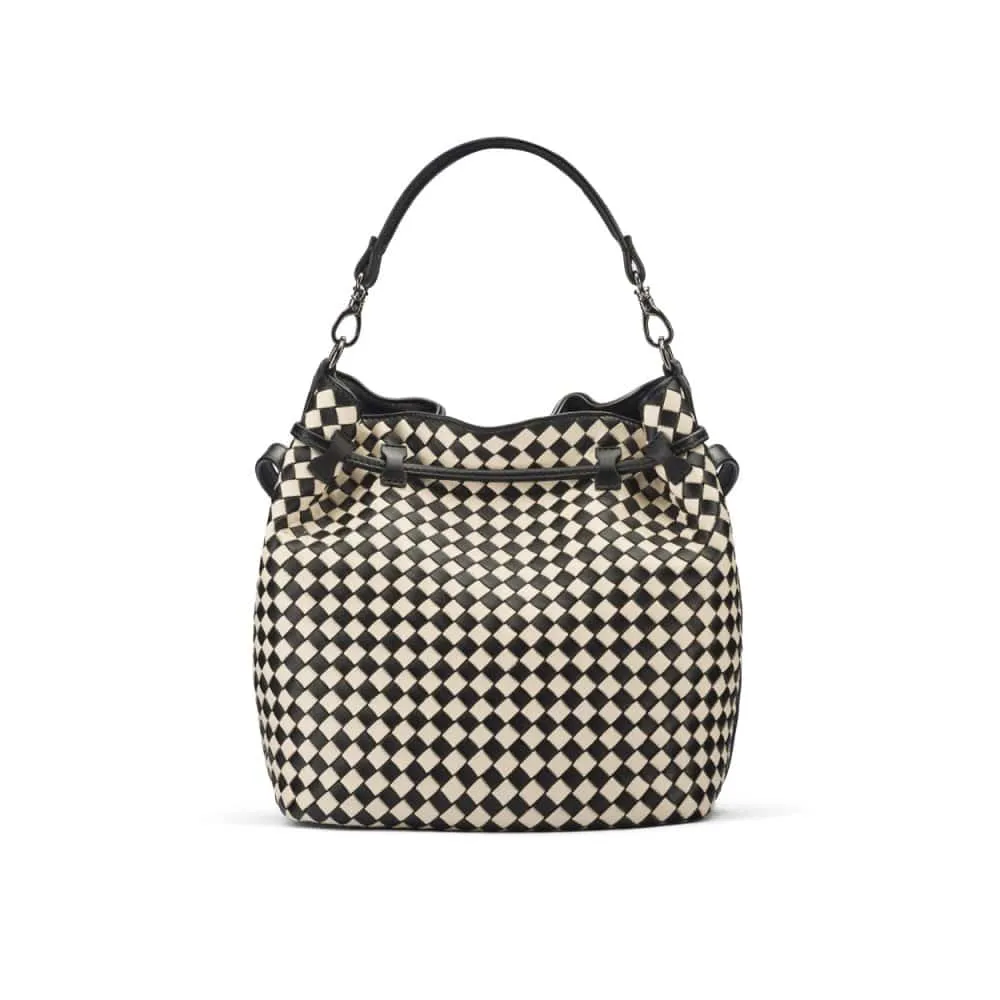 Kelly Woven Leather Bucket Bag - Black And Ecru