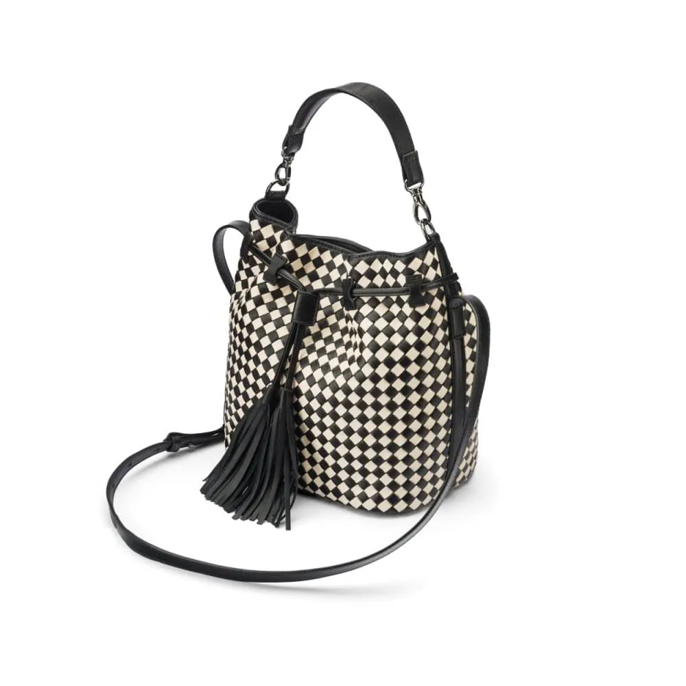 Kelly Woven Leather Bucket Bag - Black And Ecru