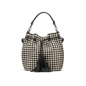 Kelly Woven Leather Bucket Bag - Black And Ecru