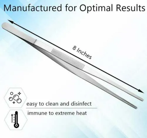 Kitchen Tweezers Stainless Steel Food Tongs Straight Serrated Tips 8" Long Tweezers for Serving, Garnishing, Plating Needs