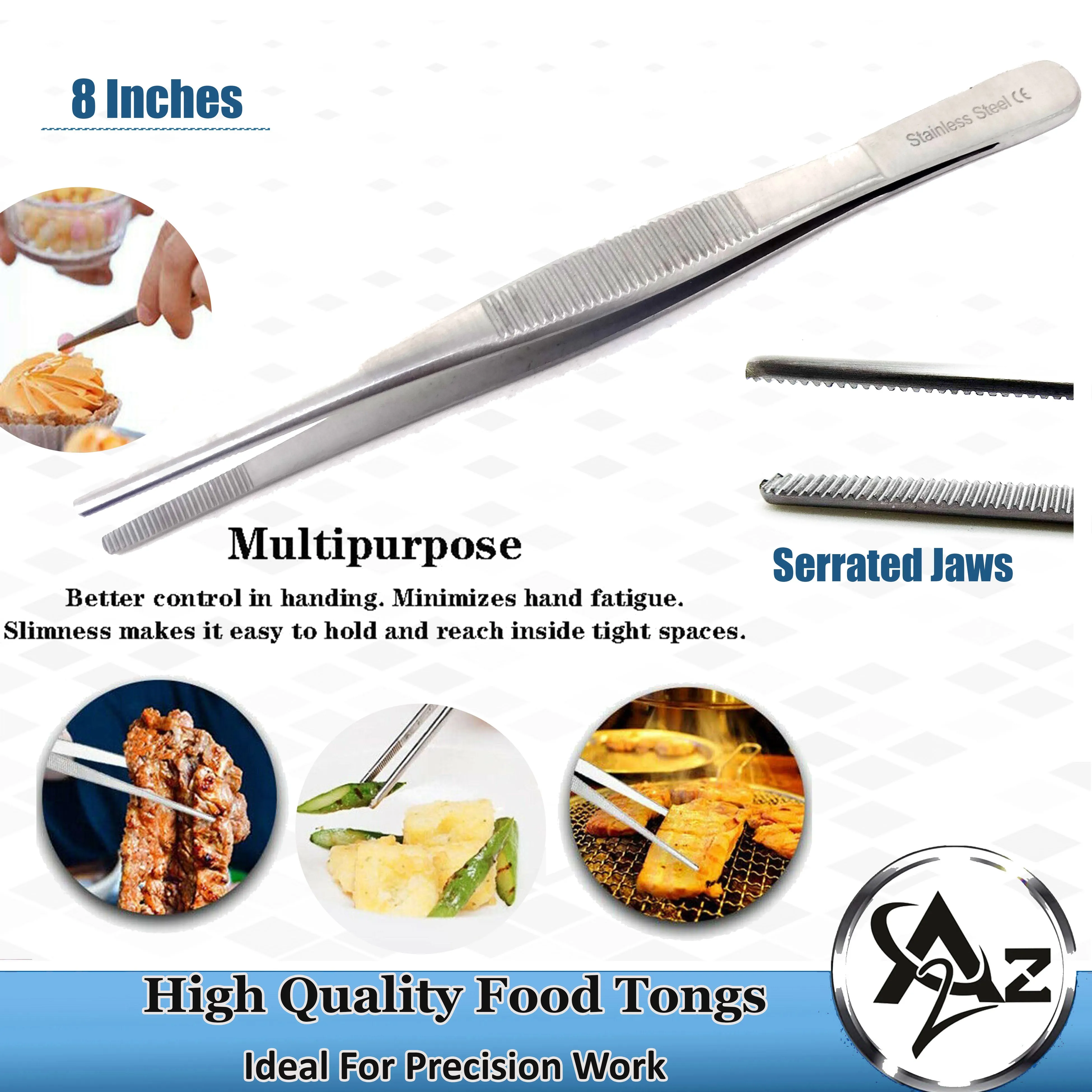 Kitchen Tweezers Stainless Steel Food Tongs Straight Serrated Tips 8" Long Tweezers for Serving, Garnishing, Plating Needs