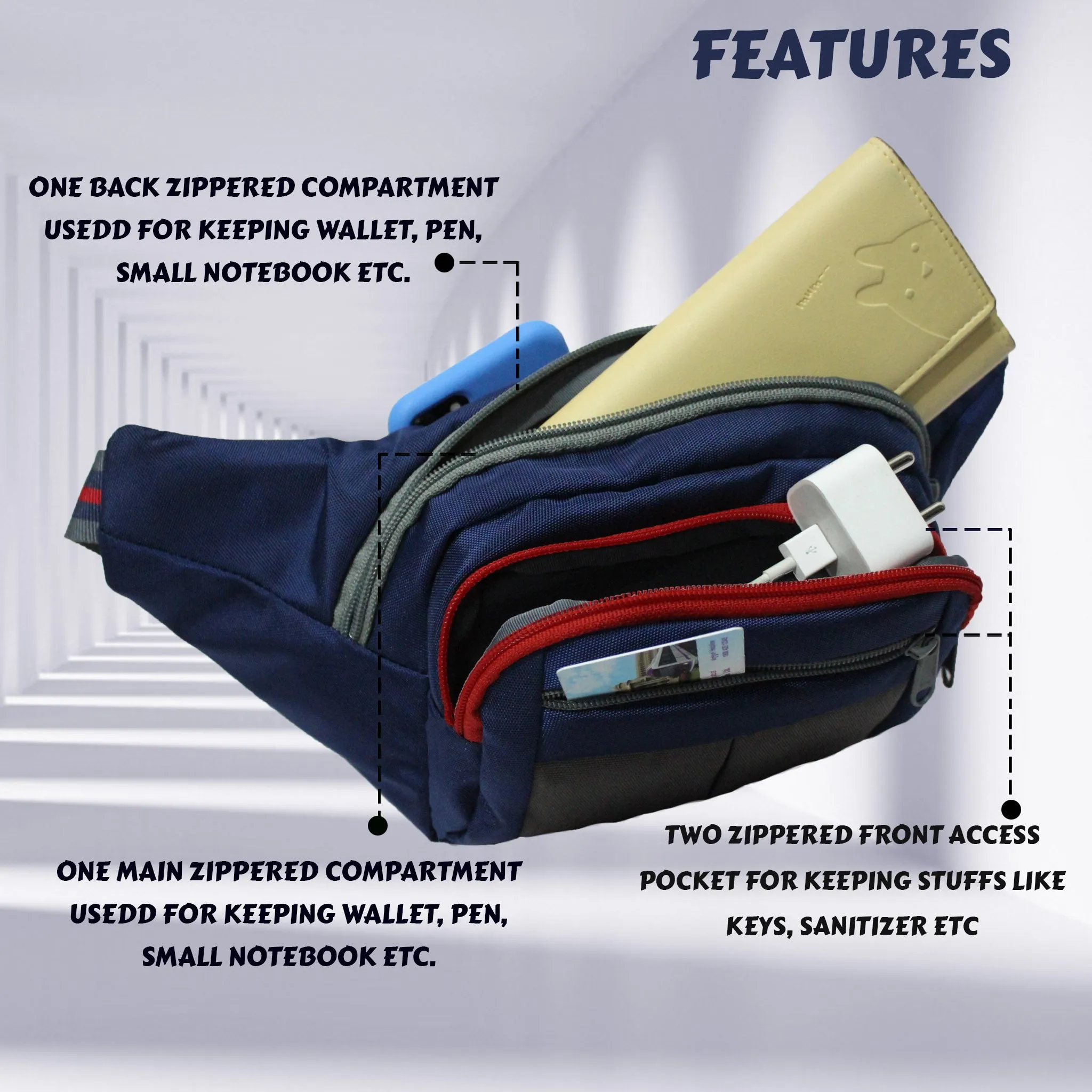 Lattitude Navy Red Sports Waist Pouch