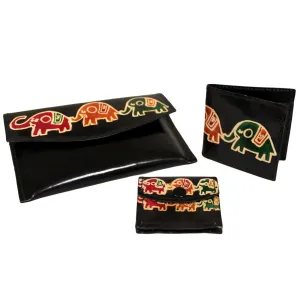 Leather Purse  Set - Elephants - Black