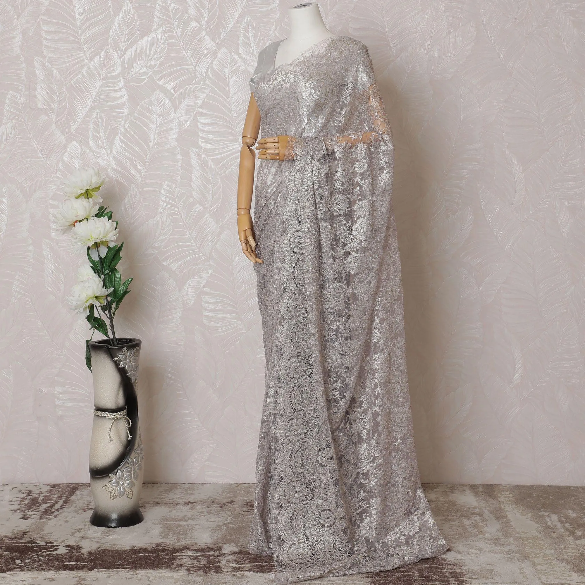 Light lilac, gold, silver Premium pure metallic French chantilly lace saree in floral design-D14914