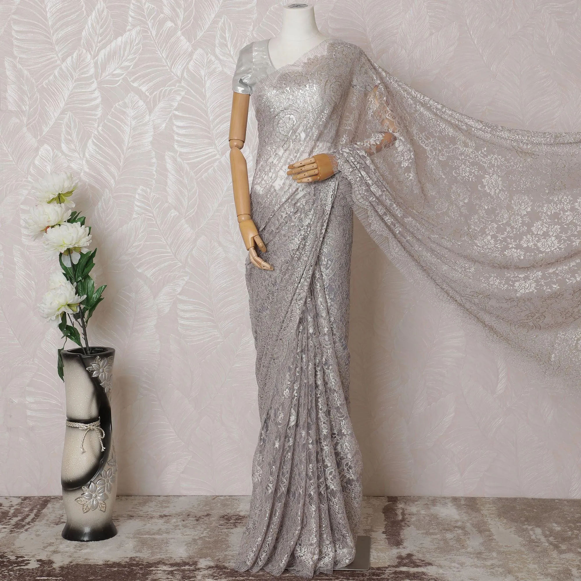 Light lilac, gold, silver Premium pure metallic French chantilly lace saree in floral design-D14914