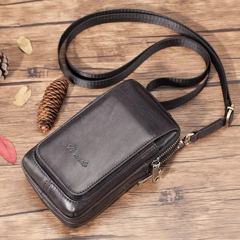 Men Mini Multifunction Belt Bag Double Front Zipper Pocket Crossbody Bags Retro 6.5 Inch Phone Waist