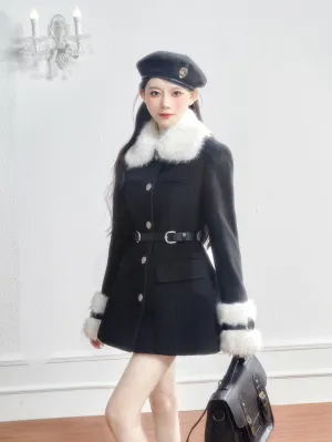 Monet Winter Love Song White Fur Collar Black Short Coat Dress