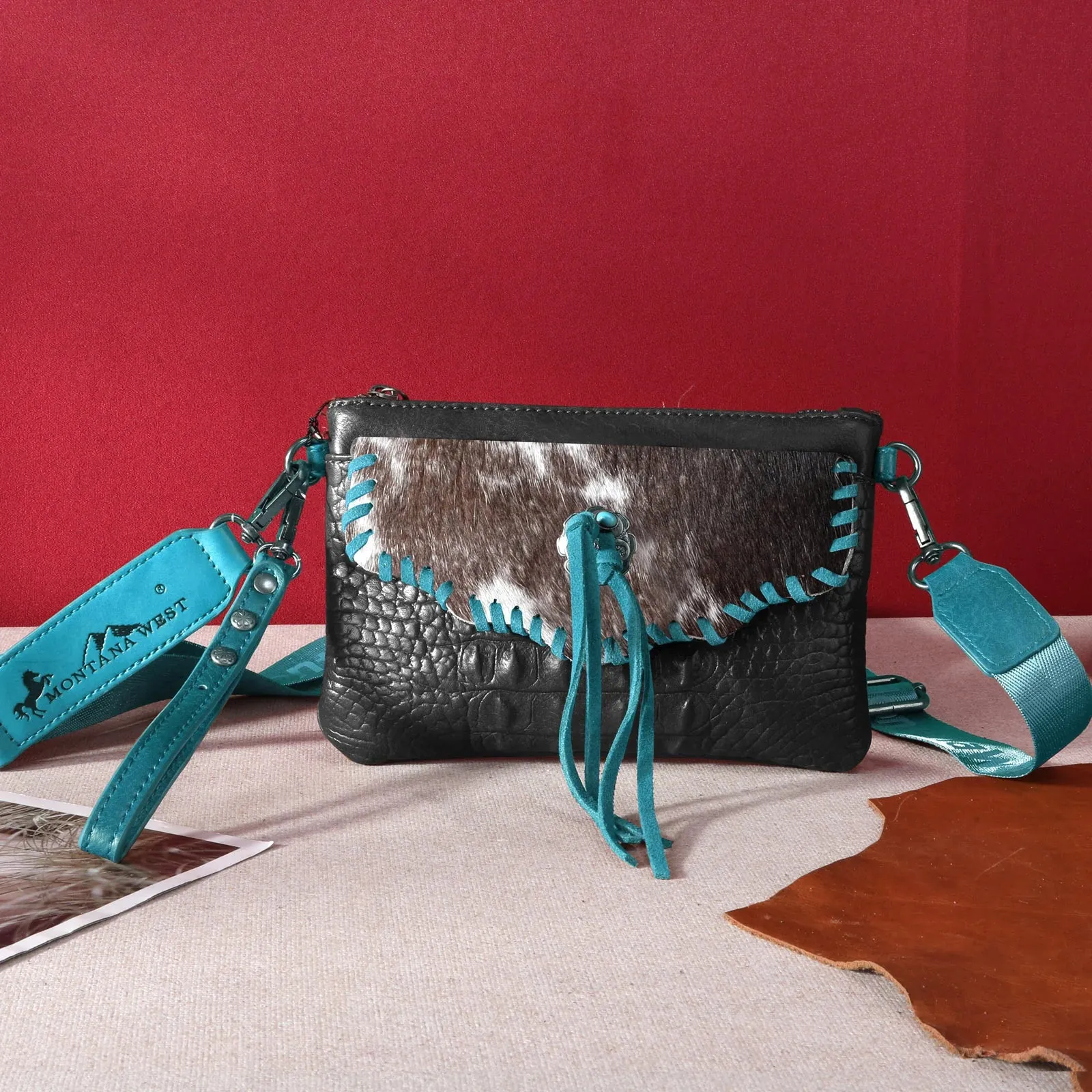 MW Hair-On Cowhide Croc Embossed Clutch/Crossbody