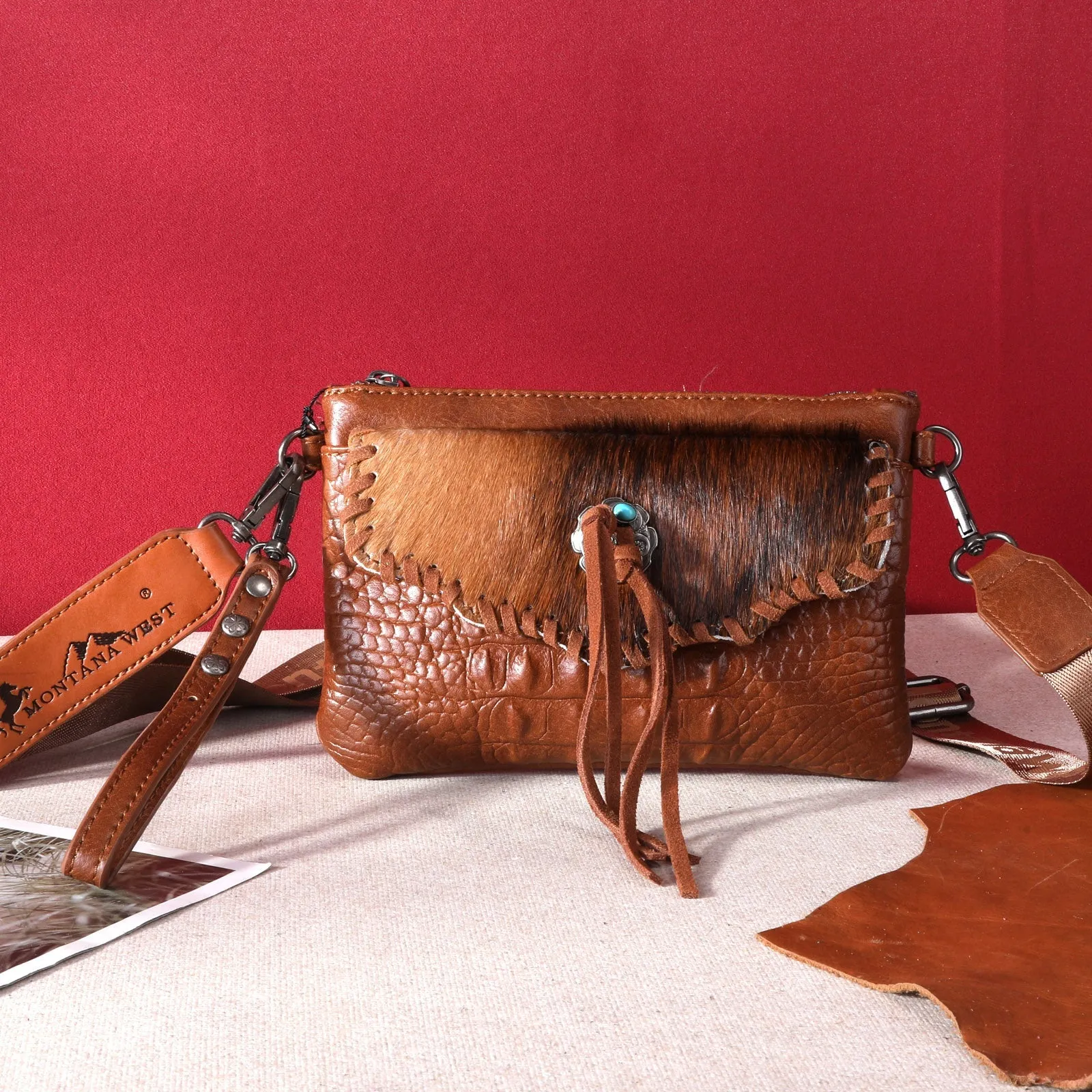 MW Hair-On Cowhide Croc Embossed Clutch/Crossbody