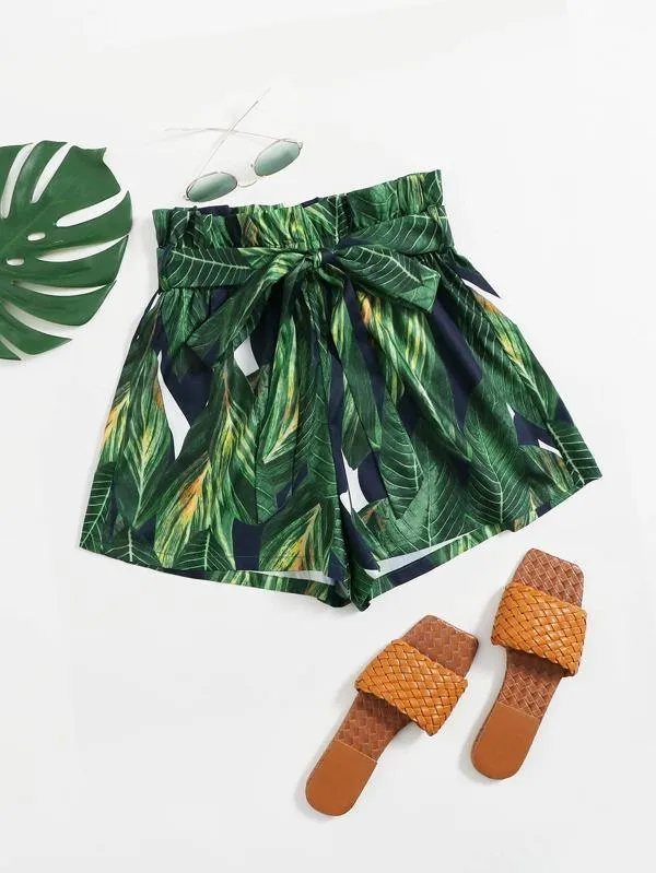 Paperbag Waist Self Belted Tropical Shorts