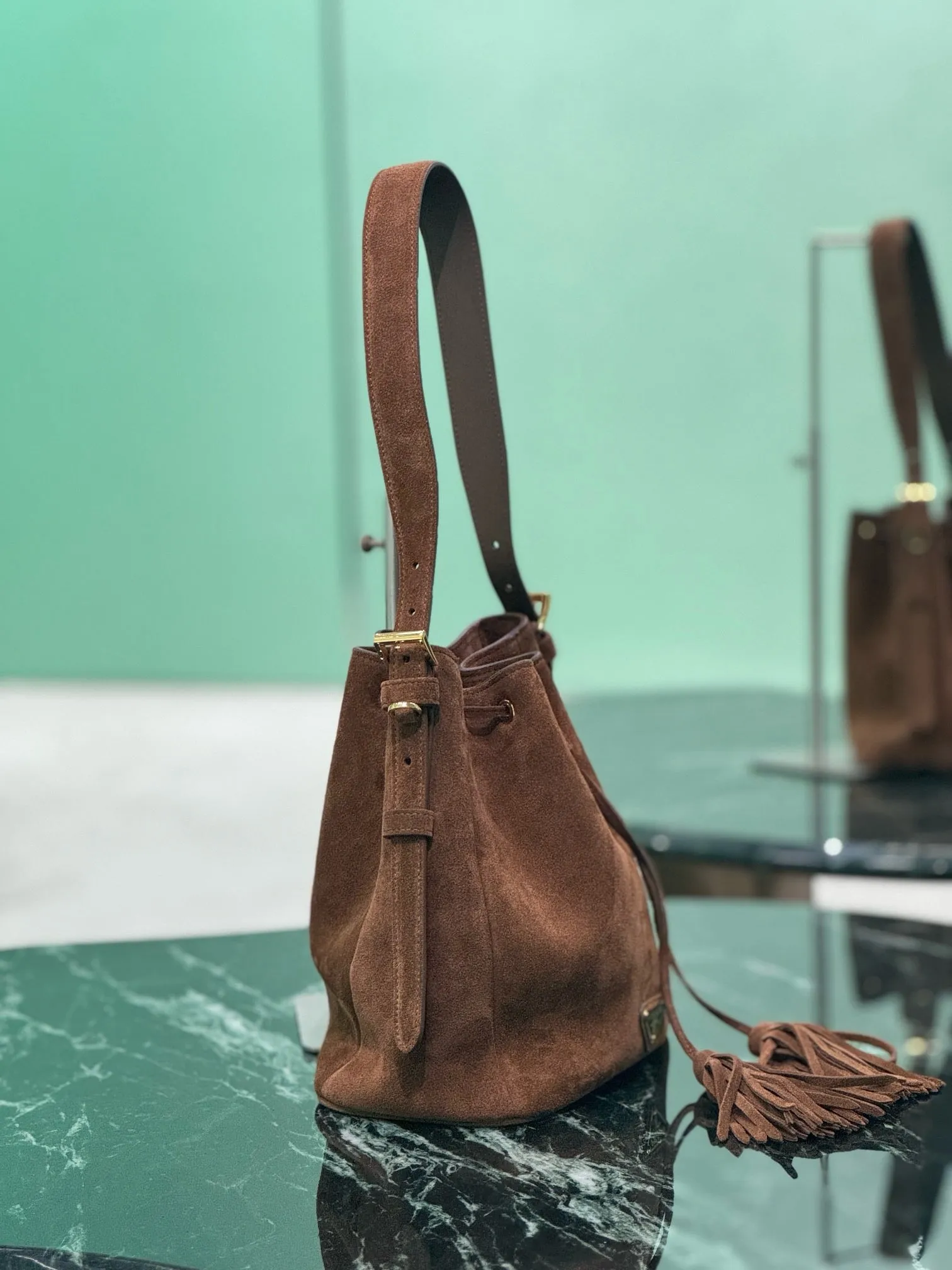 PD312 Cocoa Brown Suede Bucket Bag / HIGHEST QUALITY VERSION / 8.2x.2x4.7inch