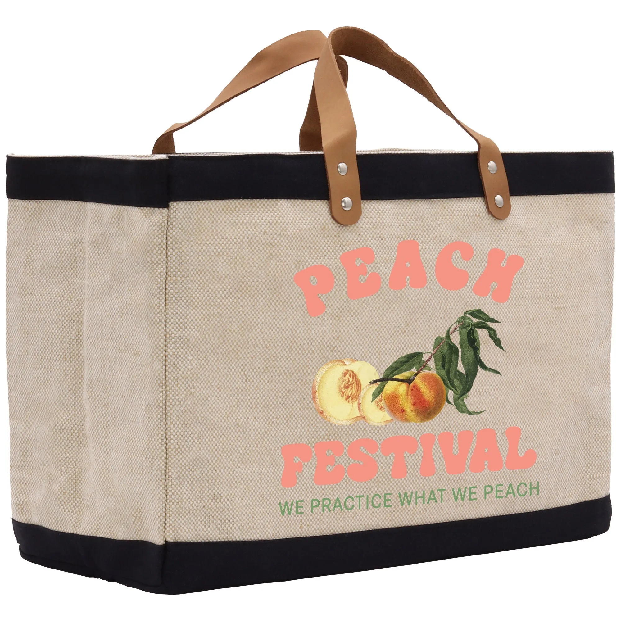 Peach Farm Fresh Market Jute Tote Bag Farmers Fruit Lover Burlap Bag Fruity Vintage Market Jute Burlap Bag Vintage Farmer Tote Bag (VTB1006)