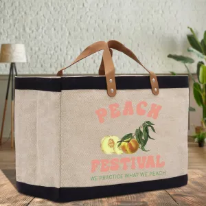 Peach Farm Fresh Market Jute Tote Bag Farmers Fruit Lover Burlap Bag Fruity Vintage Market Jute Burlap Bag Vintage Farmer Tote Bag (VTB1006)