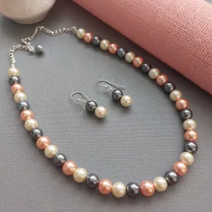 Peaches & Cream: Shell Pearl Necklace Set in Peach, Dark Grey, and Off-White with Ear Drops