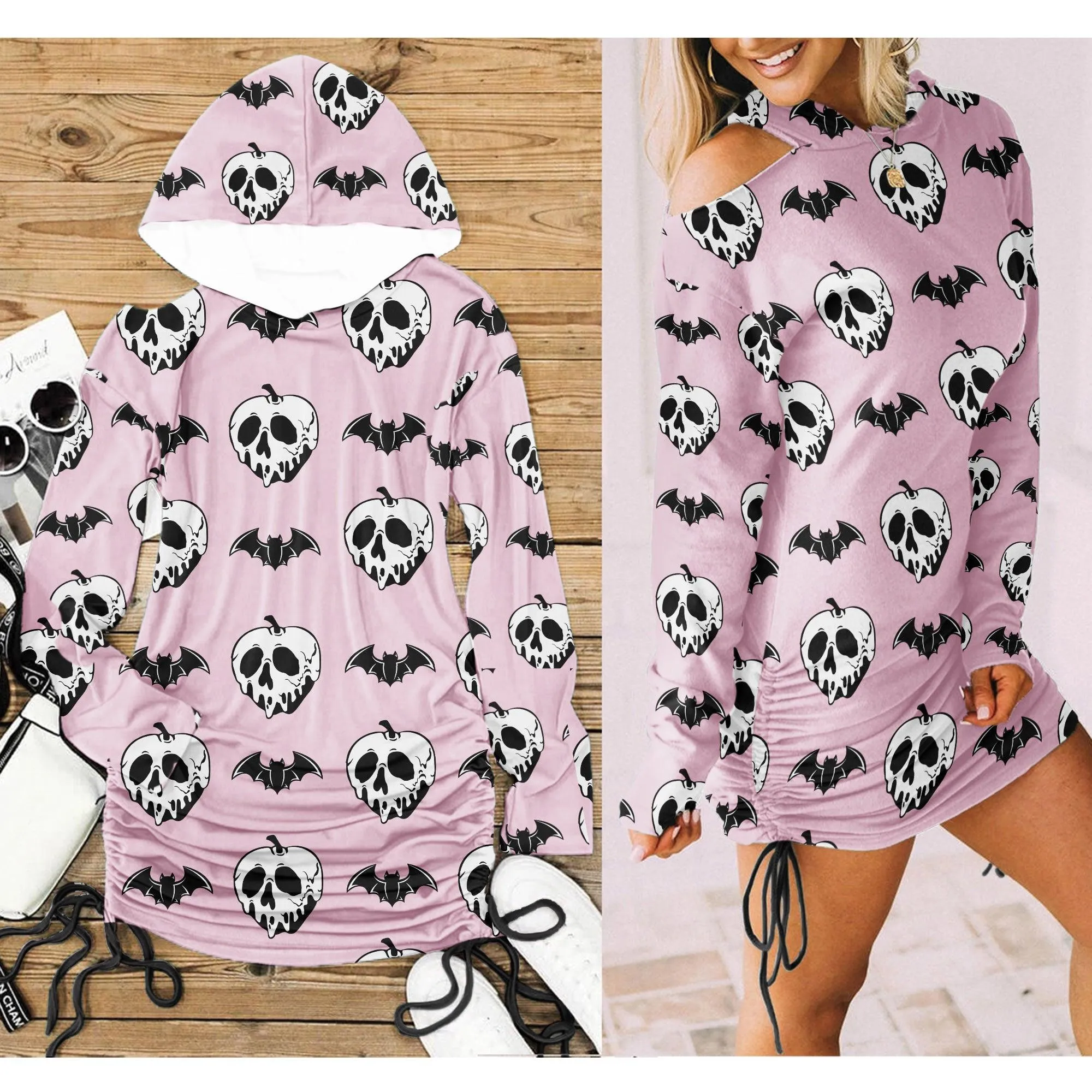 Pink Bat Skull All Over Print Women One Shoulder Dress With Waist Shirring, Long Hoodie For Women