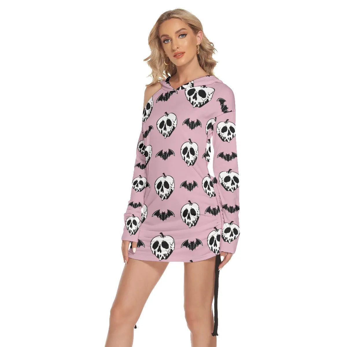 Pink Bat Skull All Over Print Women One Shoulder Dress With Waist Shirring, Long Hoodie For Women