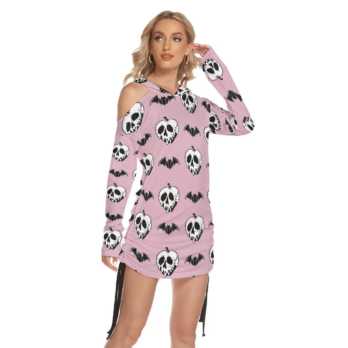 Pink Bat Skull All Over Print Women One Shoulder Dress With Waist Shirring, Long Hoodie For Women