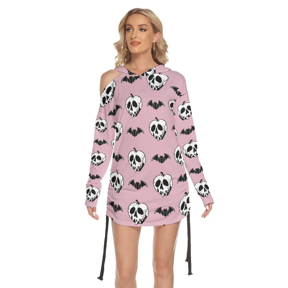 Pink Bat Skull All Over Print Women One Shoulder Dress With Waist Shirring, Long Hoodie For Women