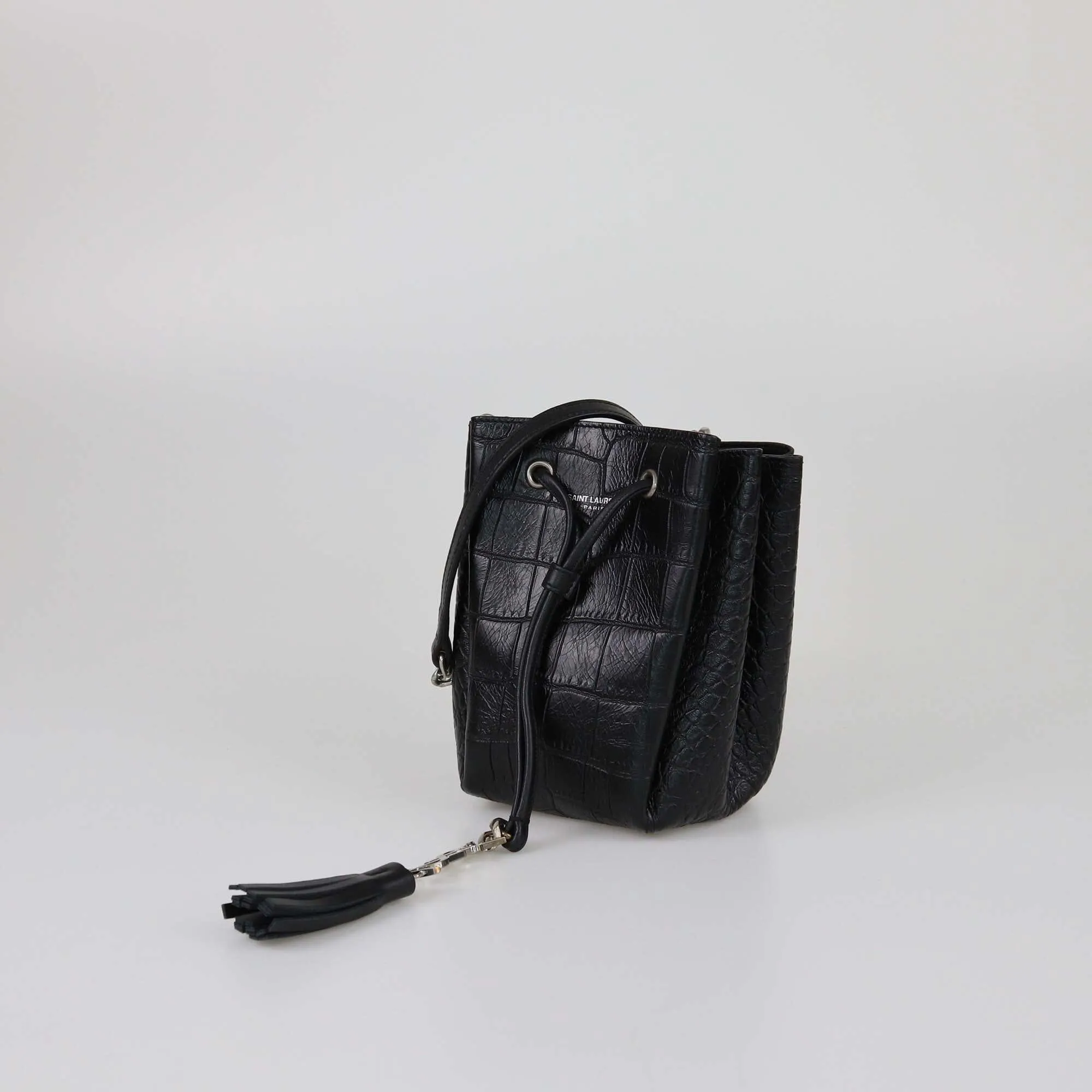 Saint Laurent Black Croc Embossed Mini Emmanuella Bucket Bag