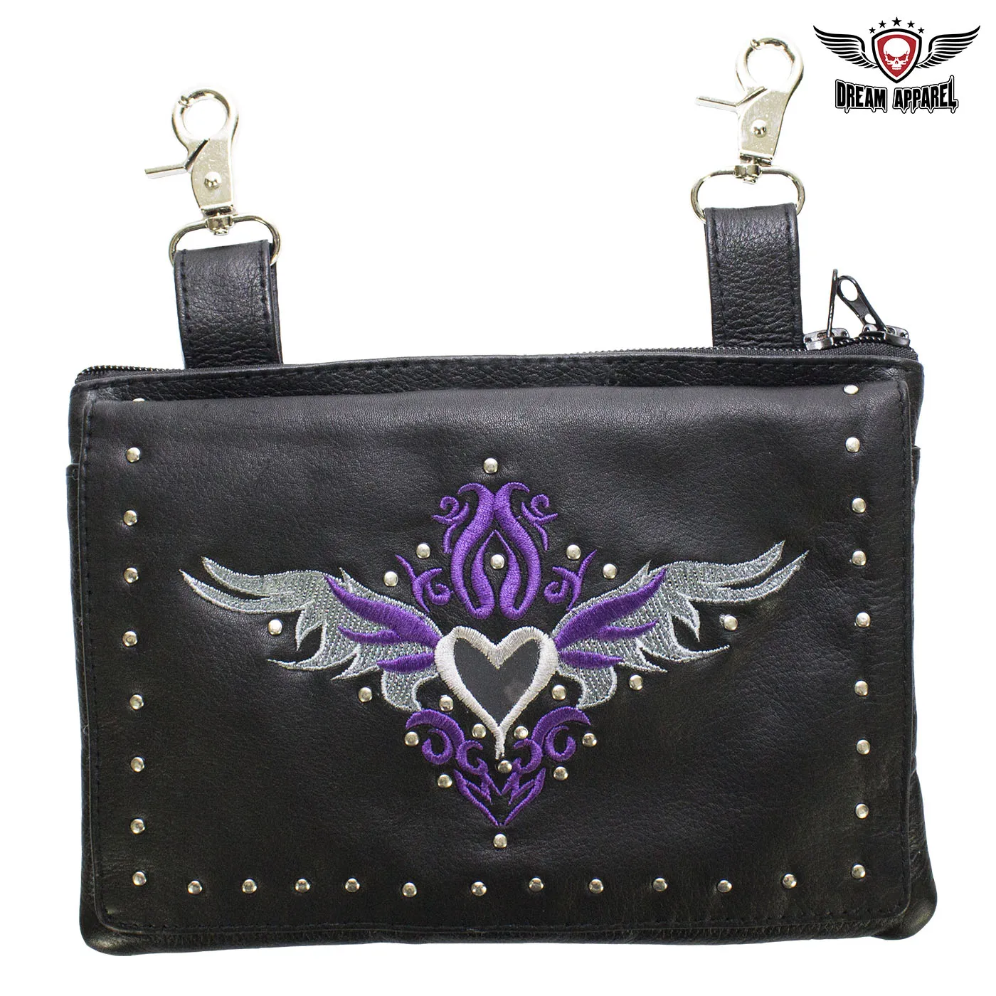 Studded Naked Cowhide Leather Gun Holster Belt Bag with Purple & Silver Heart