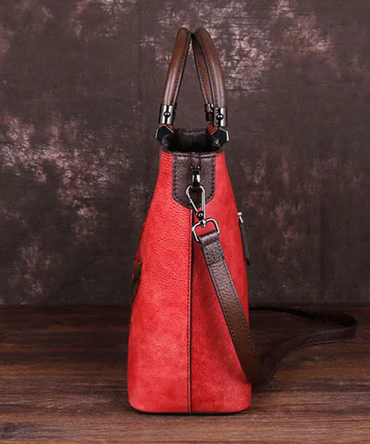 Style Red Floral Paitings Calf Leather Tote Handbag