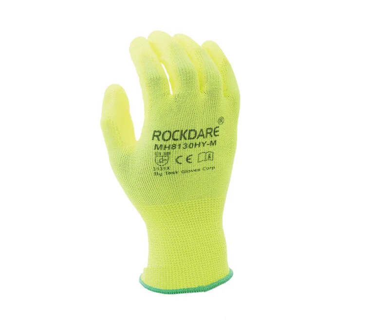 TASK GLOVES - 13 Gauge Hi-Vis Yellow Gloves, Polyester shell, Yellow Polyurethane palm coated - Quantity 12 Pair