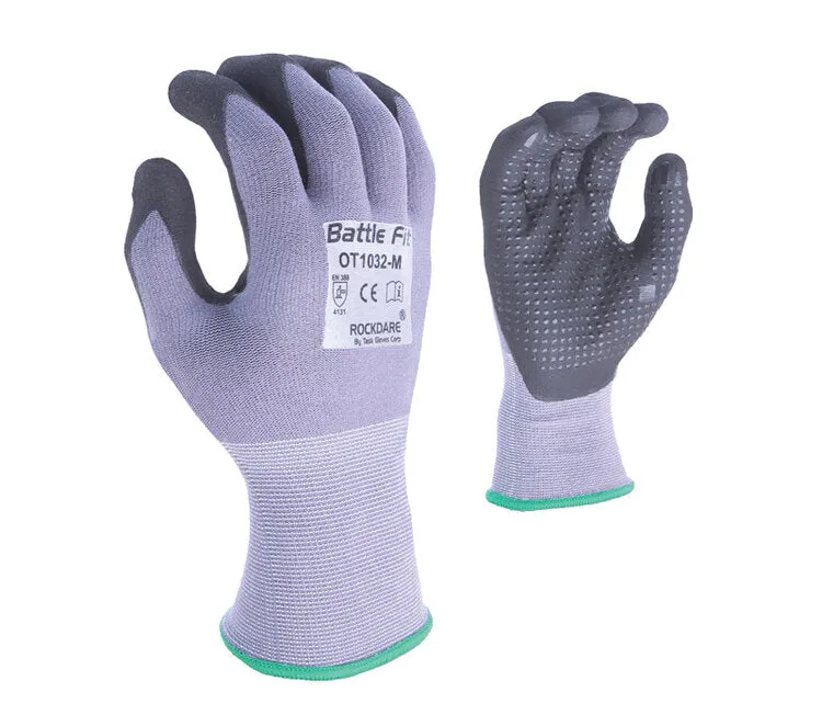 TASK GLOVES - Battle Fit - 15 Gauge Gray Gloves, Nylon shell, Black Micro-Foam Nitrile Palm coated with Nitrile dots - Quantity 12 Pair