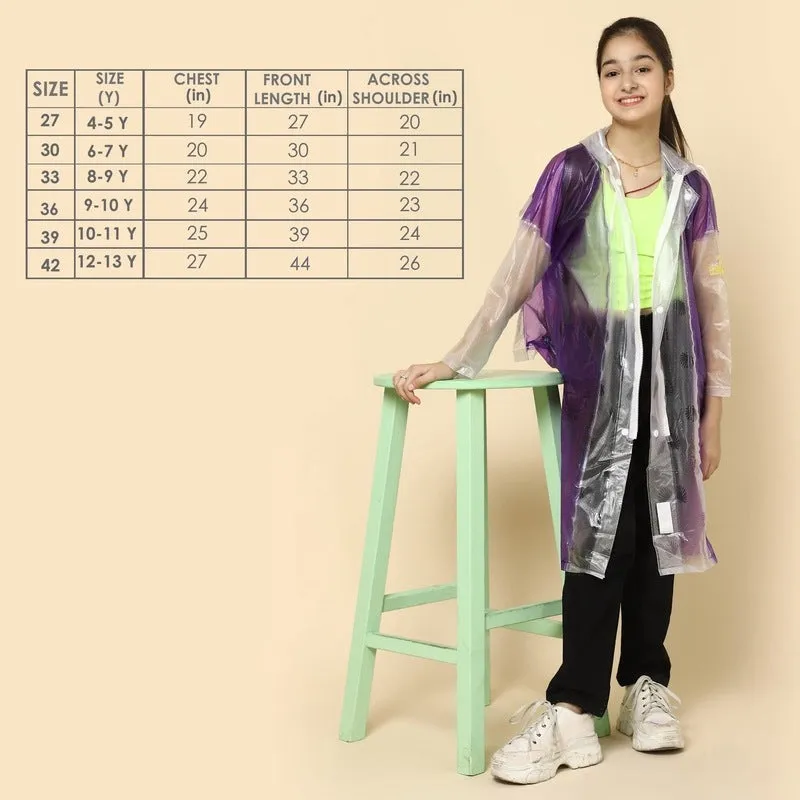 THE CLOWNFISH Laurel Series Kids Waterproof PVC Longcoat with Adjustable Hood & Extra Space for Backpack/Schoolbag Holding. Printed Plastic Pouch. Kid Age-9-10 years (Size-36-Purple)