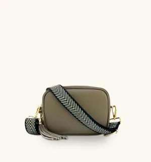 The Tassel Latte Leather Crossbody Bag With Black & Gold Chevron Strap