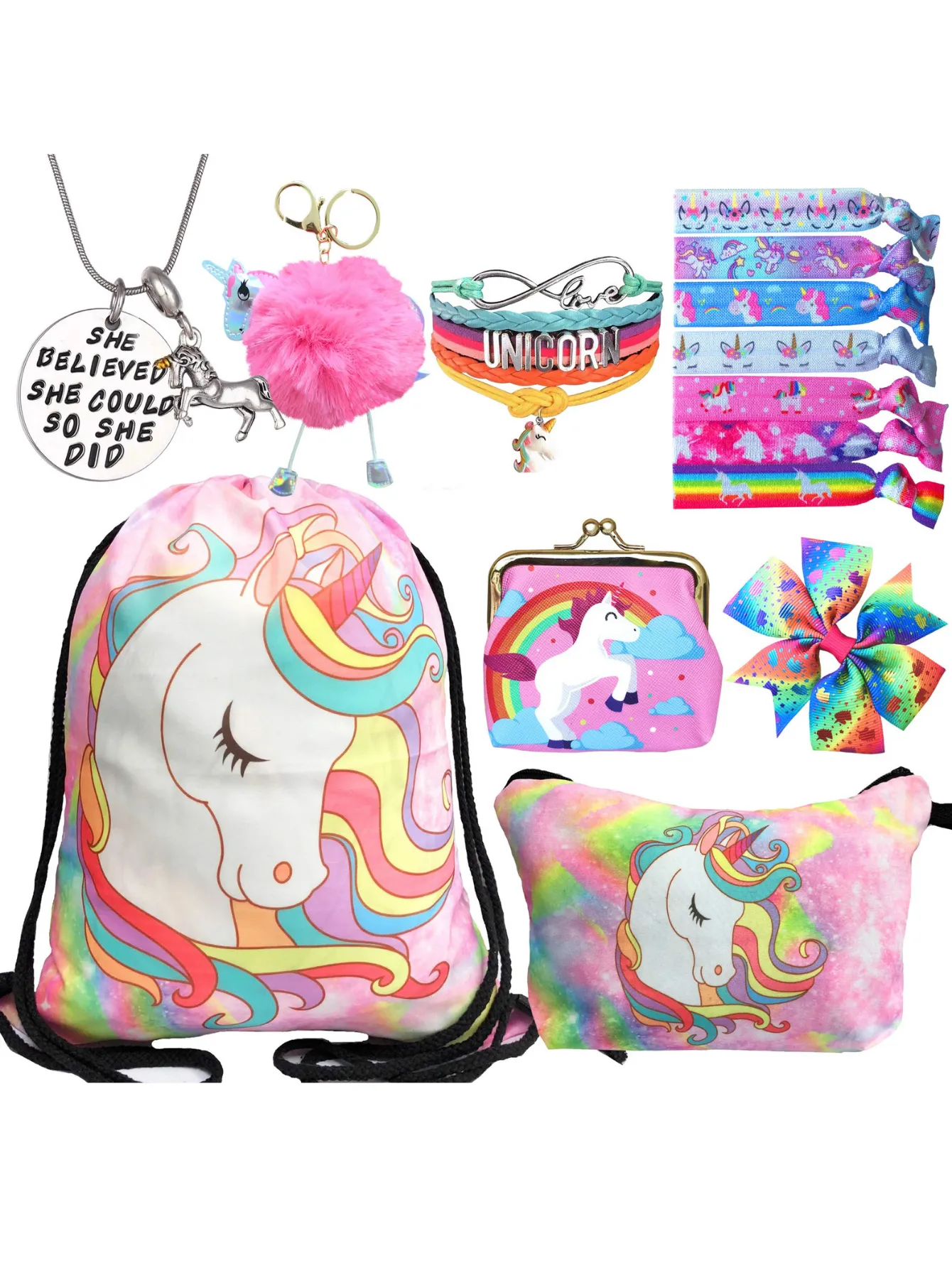 Unicorn Gifts for Girls - Unicorn Drawstring Backpack/Makeup Bag/Bracelet/Necklace/Hair Ties/Keychain/Sticker (Pink Unicorn Head 3)