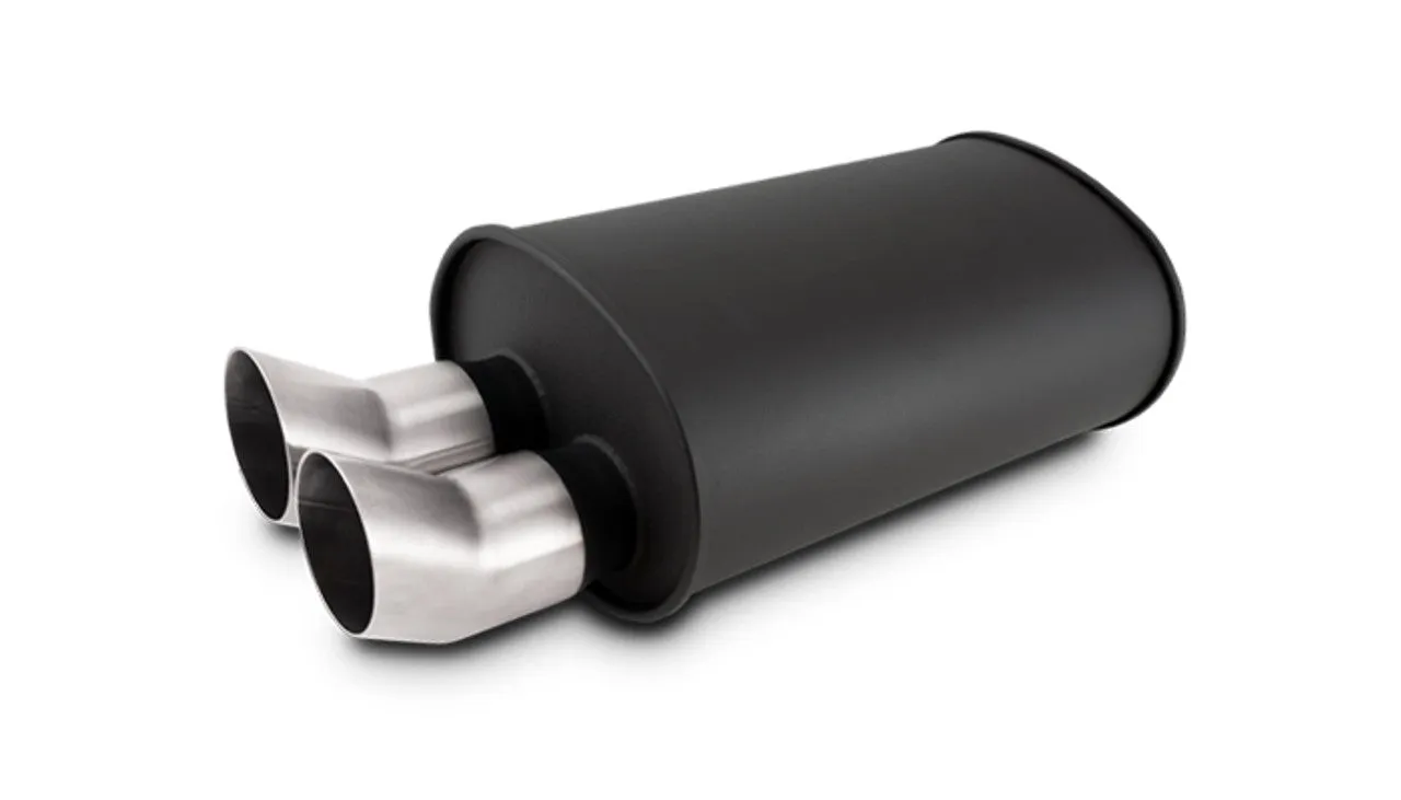 Vibrant STREETPOWER FLAT BLACK Oval Muffler with Dual 304SS Brushed Tips; Inlet ID: 3.00" (63.5mm) Tip OD: 3.00" (76.2mm); Muffler Body Size: 9.5"W x 6.75"H x 15"L; Tip Location: Offset Bottom  - 12336