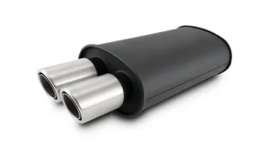 Vibrant STREETPOWER FLAT BLACK Oval Muffler with Dual 304SS Brushed Tips; Inlet ID: 3.00" (76.2mm) Tip OD: 3.00" (76.2mm); Muffler Body Size: 9"W x 5"H x 15"L; Tip Location: Center of End Cap  - 12311