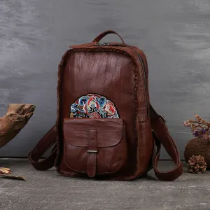 Vintage Embroidery Cowhide Leather Zipper Backpack for Traveling 6038