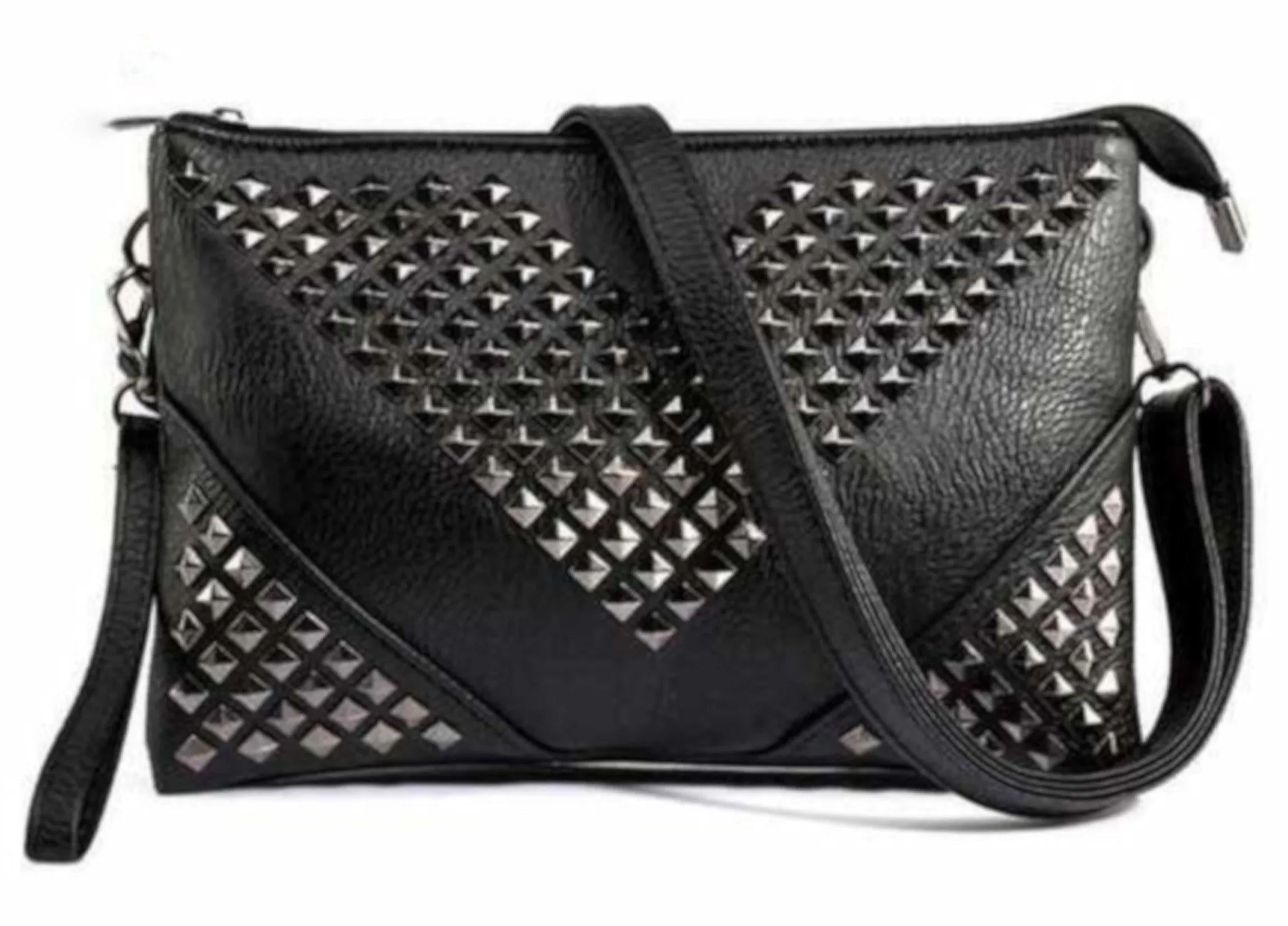 Women's Black Leather Studded CrossBody Zipper Clutch Handbag