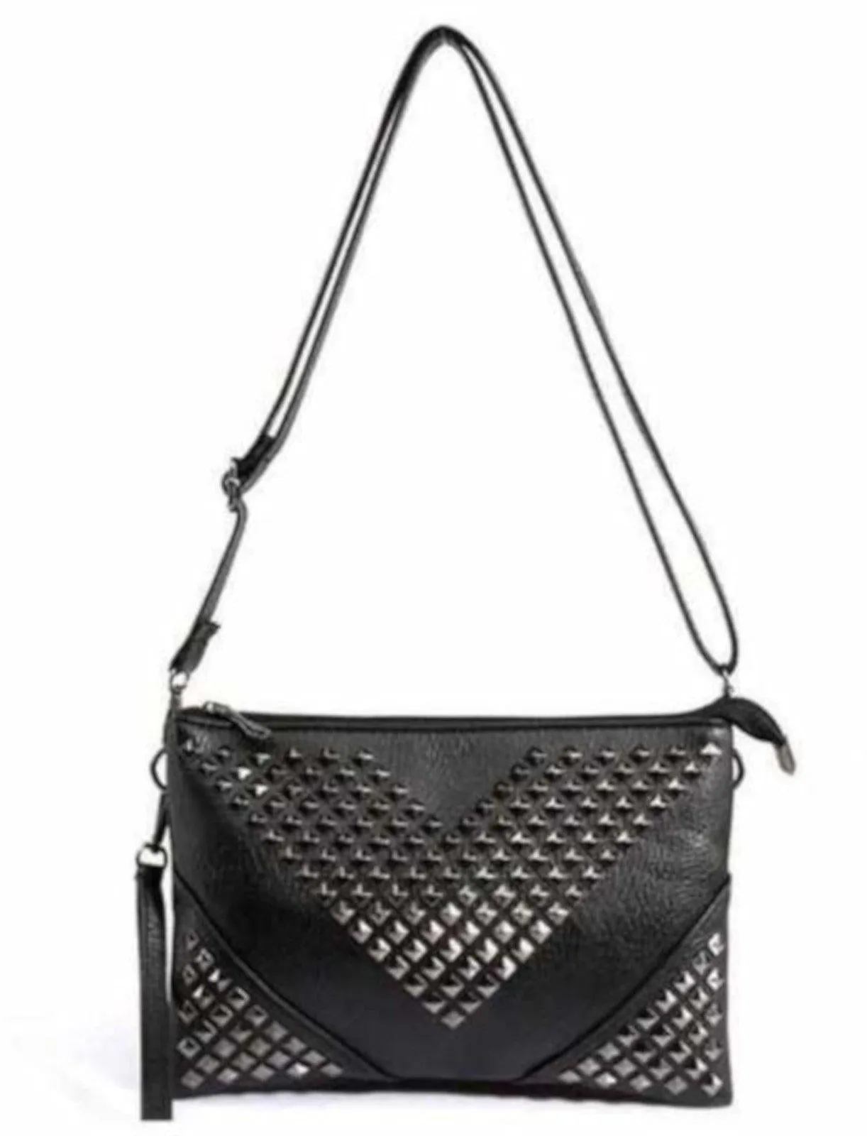 Women's Black Leather Studded CrossBody Zipper Clutch Handbag